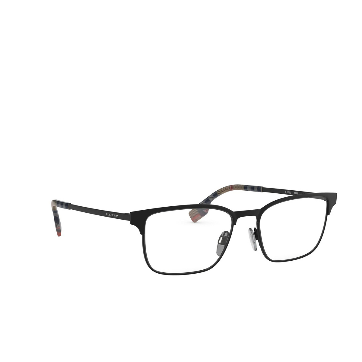 Burberry® Rectangle Eyeglasses: BE1332 color Black Rubber 1283 - three-quarters view.