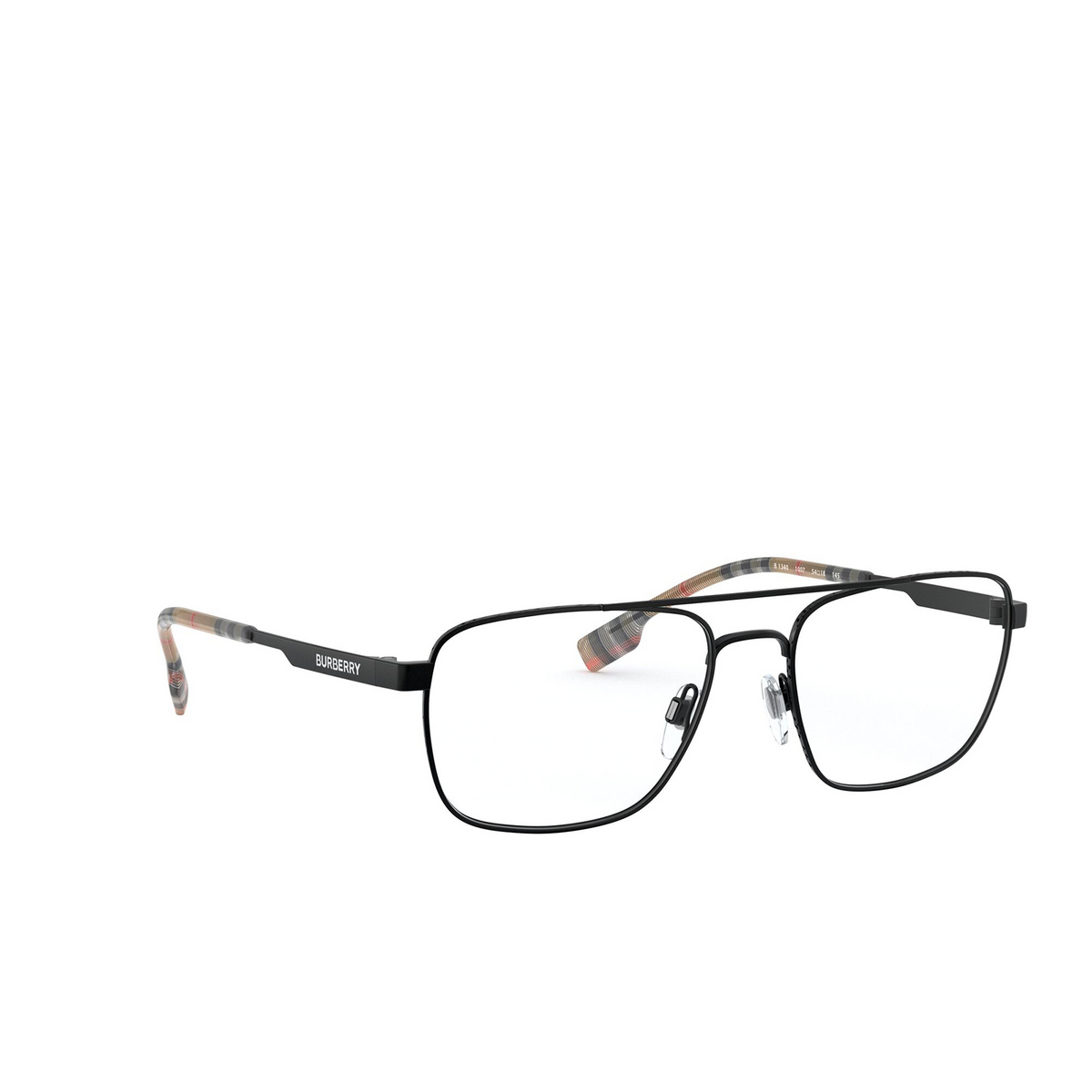 Burberry® Rectangle Eyeglasses: BE1340 color Matte Black 1007 - three-quarters view.