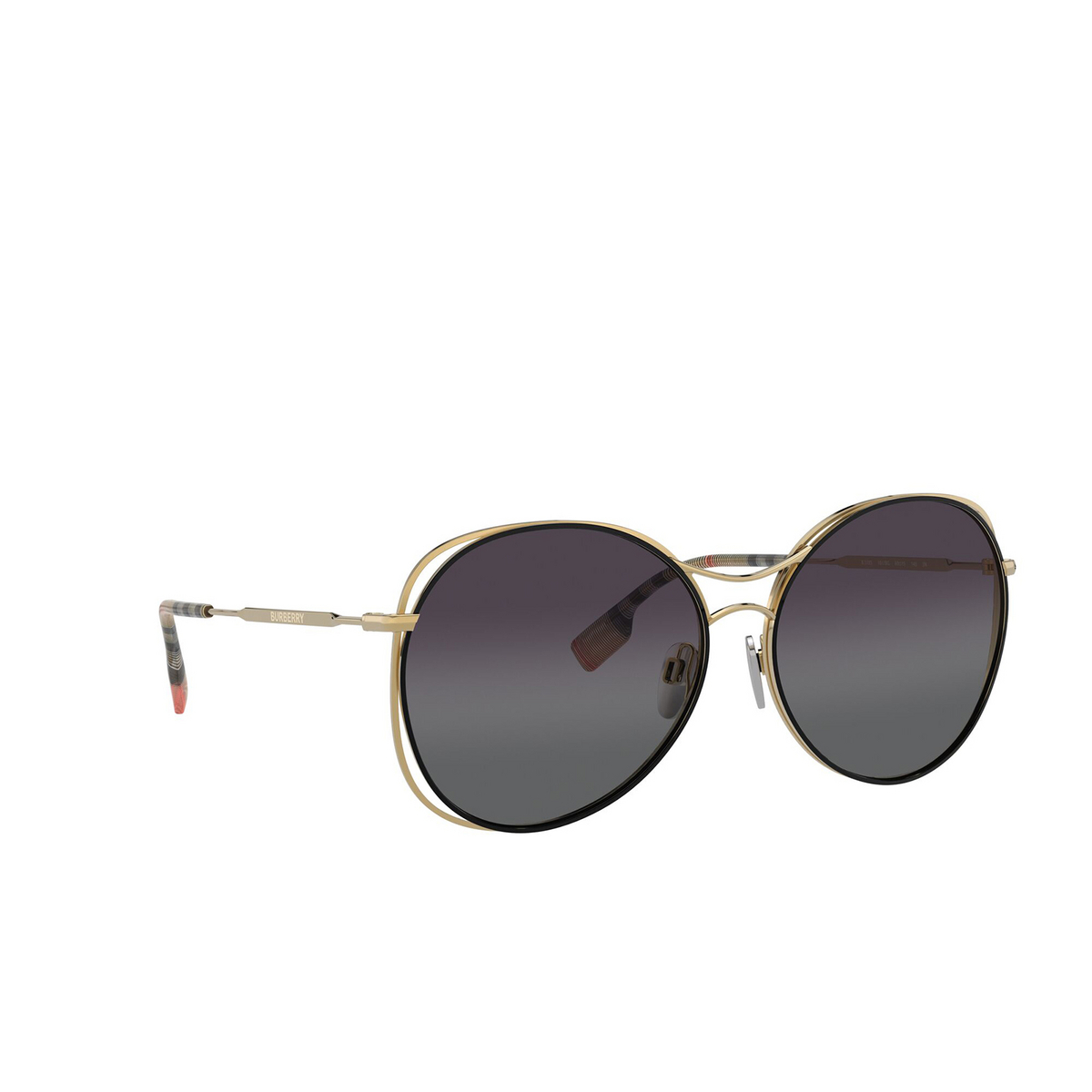 Burberry® Round Sunglasses: BE3105 color Gold / Black 10178G - three-quarters view.