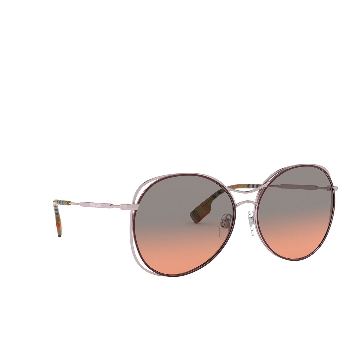 Burberry® Round Sunglasses: BE3105 color Pink / Bordeaux 118818 - three-quarters view.