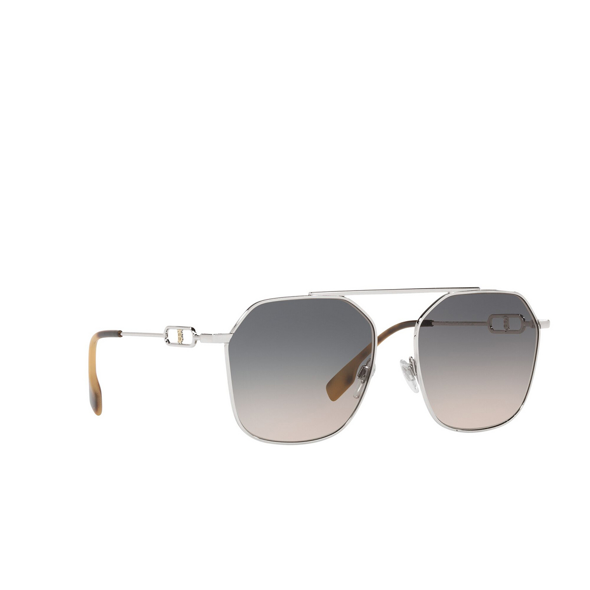 Burberry® Square Sunglasses: Emma BE3124 color Silver 1005G9 - three-quarters view.
