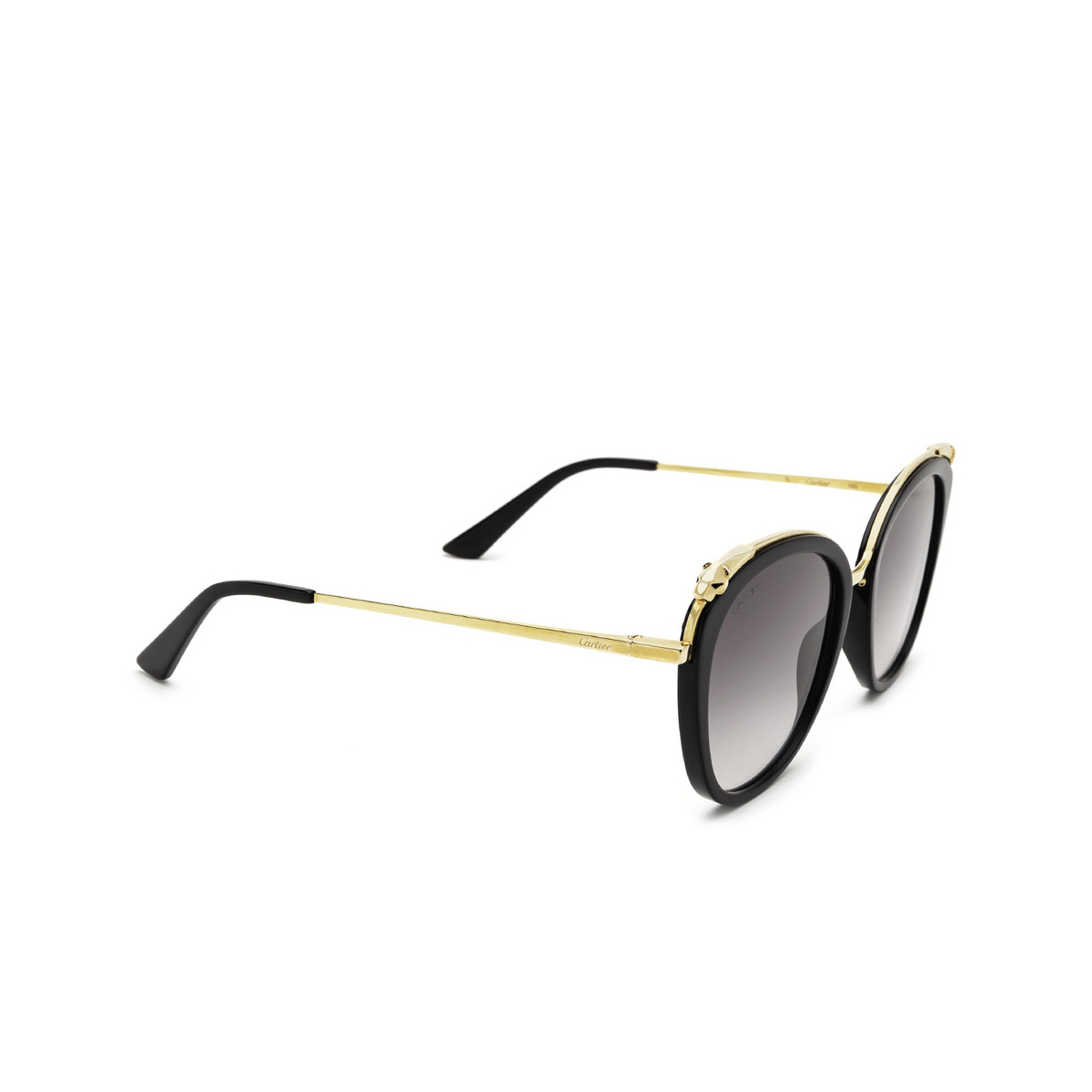 Cartier® Cat-eye Sunglasses: CT0150S color Black 001 - three-quarters view.