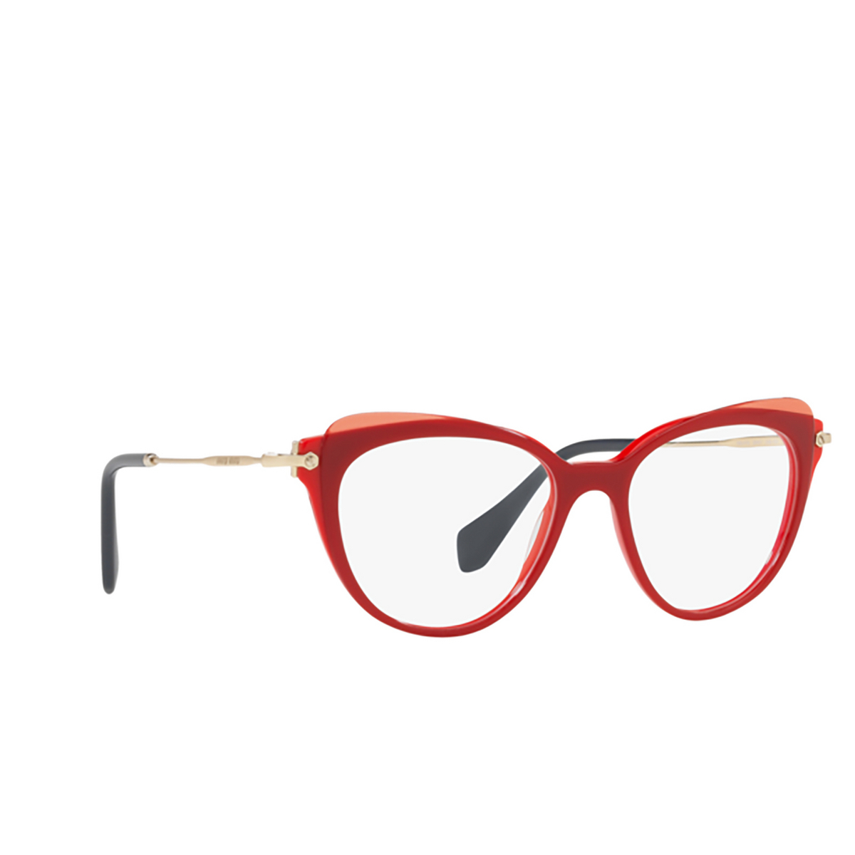 Miu Miu® Cat-eye Eyeglasses: MU 01QV color Red / Top Transparent Red VX91O1 - three-quarters view.