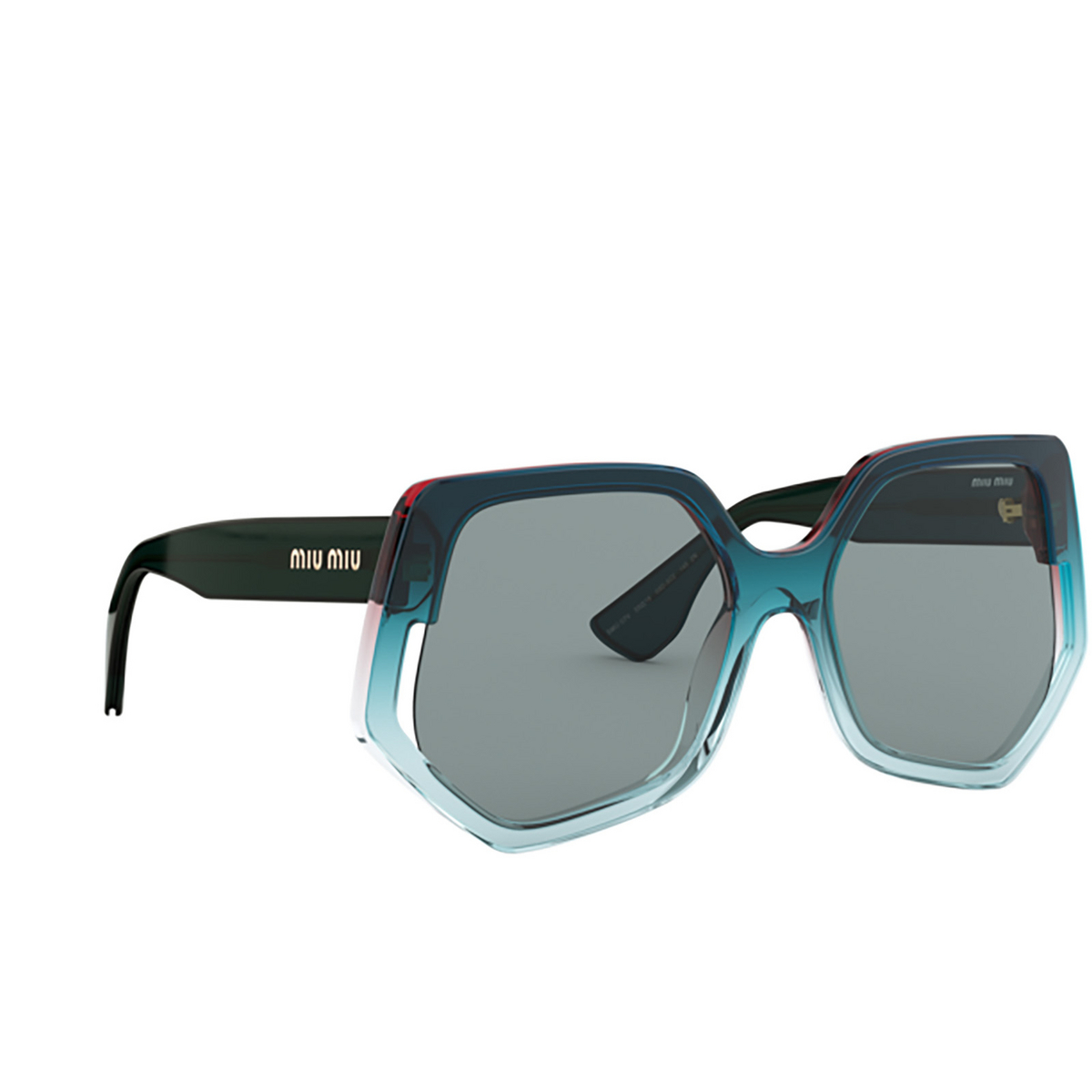Miu Miu® Irregular Sunglasses: Special Project MU 07VS color Bordeaux Gradient Blue 03D3C2 - three-quarters view.