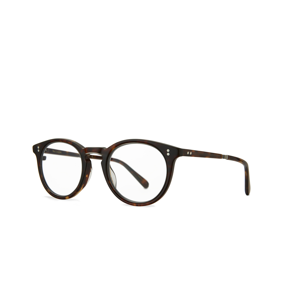 Mr. Leight® Round Eyeglasses: Crosby C color Maple - Antique Gold Mpl-antplt - three-quarters view.