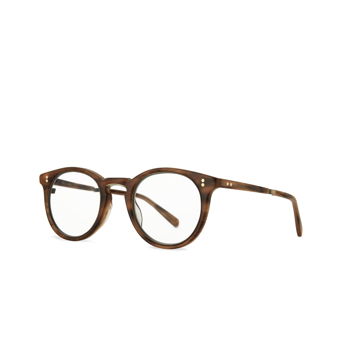 Mr. Leight® Round Eyeglasses: Crosby C color Patchouli - Antique Gold Pat-atg - three-quarters view.