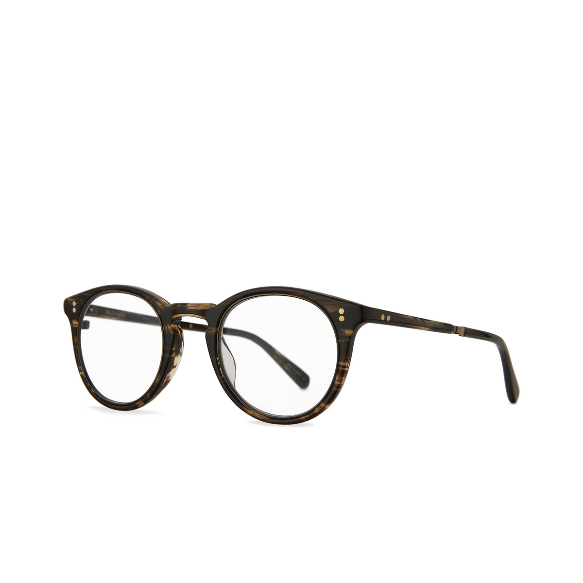 Mr. Leight® Round Eyeglasses: Crosby C color Porter Tortoise - Antique Gold Ptt-atg - three-quarters view.