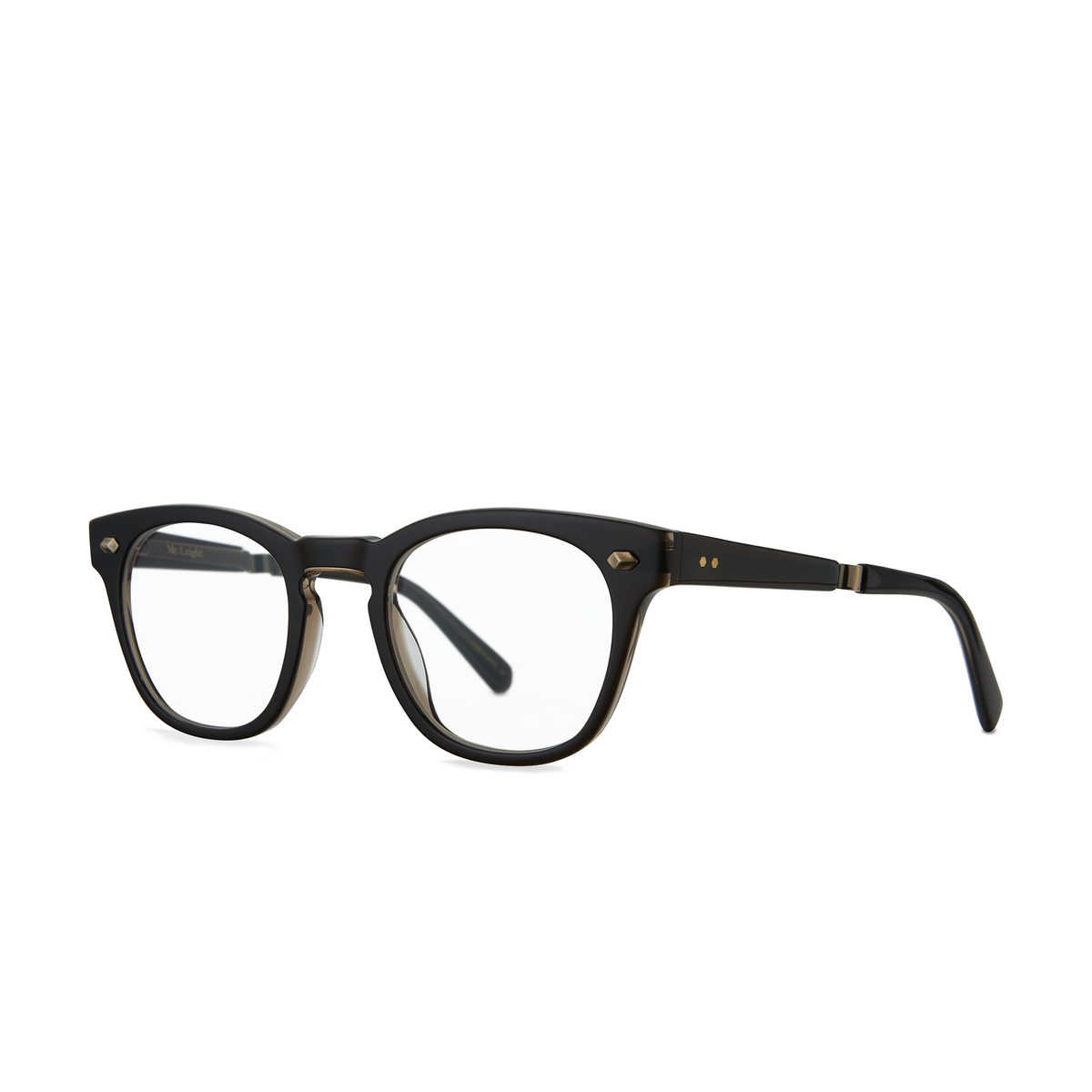 Mr. Leight® Square Eyeglasses: Hanalei C color Black Tar - Antique Gold Bktr-atg - three-quarters view.