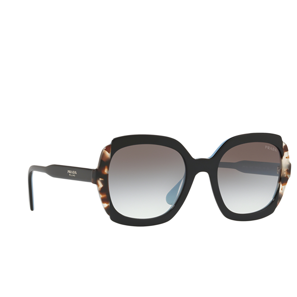 Prada® Square Sunglasses: PR 16US color KHR0A7 Black Azure / Spotted Brown - three-quarters view