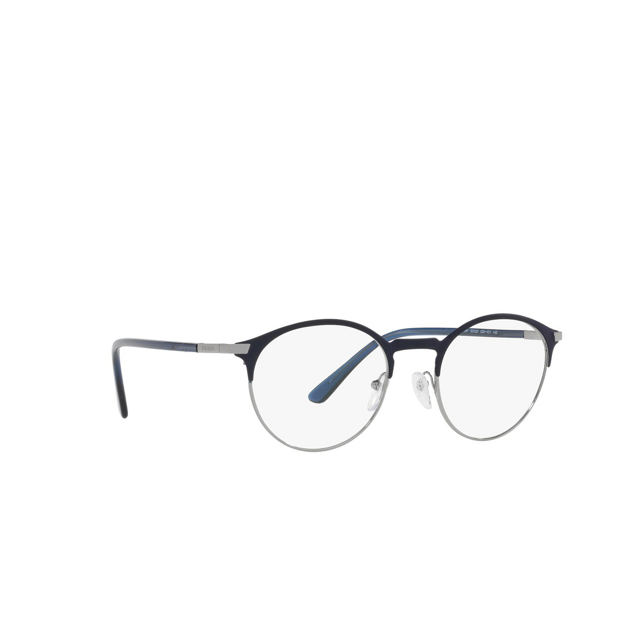 Prada® Round Eyeglasses: PR 58YV color Matte Blue 02N1O1 - three-quarters view.