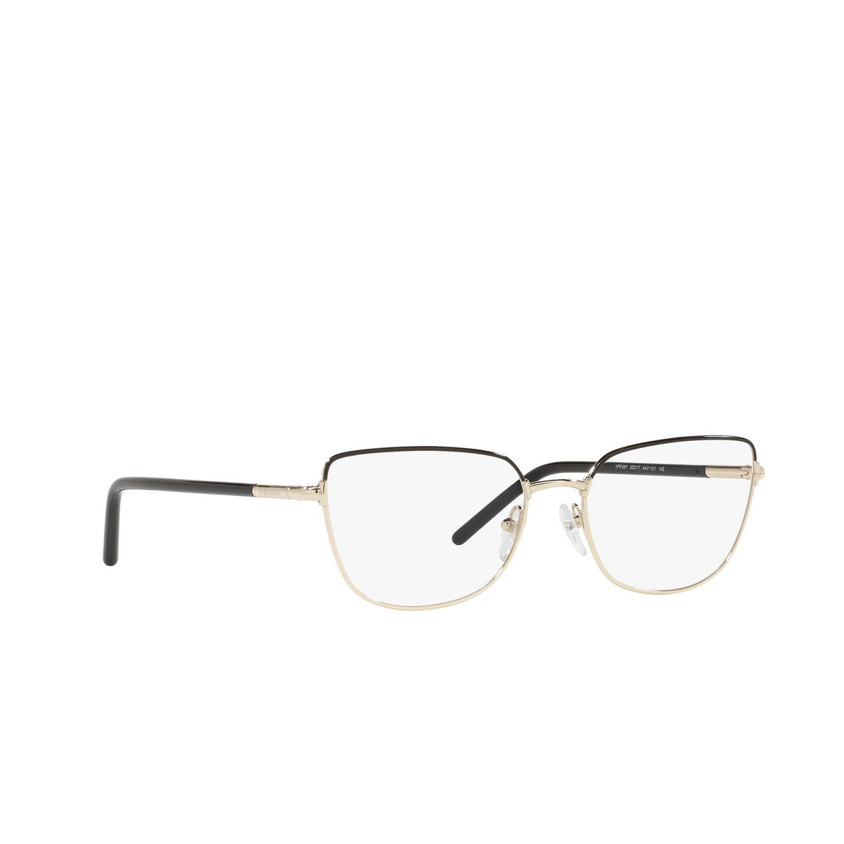 Prada® Butterfly Eyeglasses: PR 59YV color Black / Pale Gold AAV1O1 - three-quarters view.