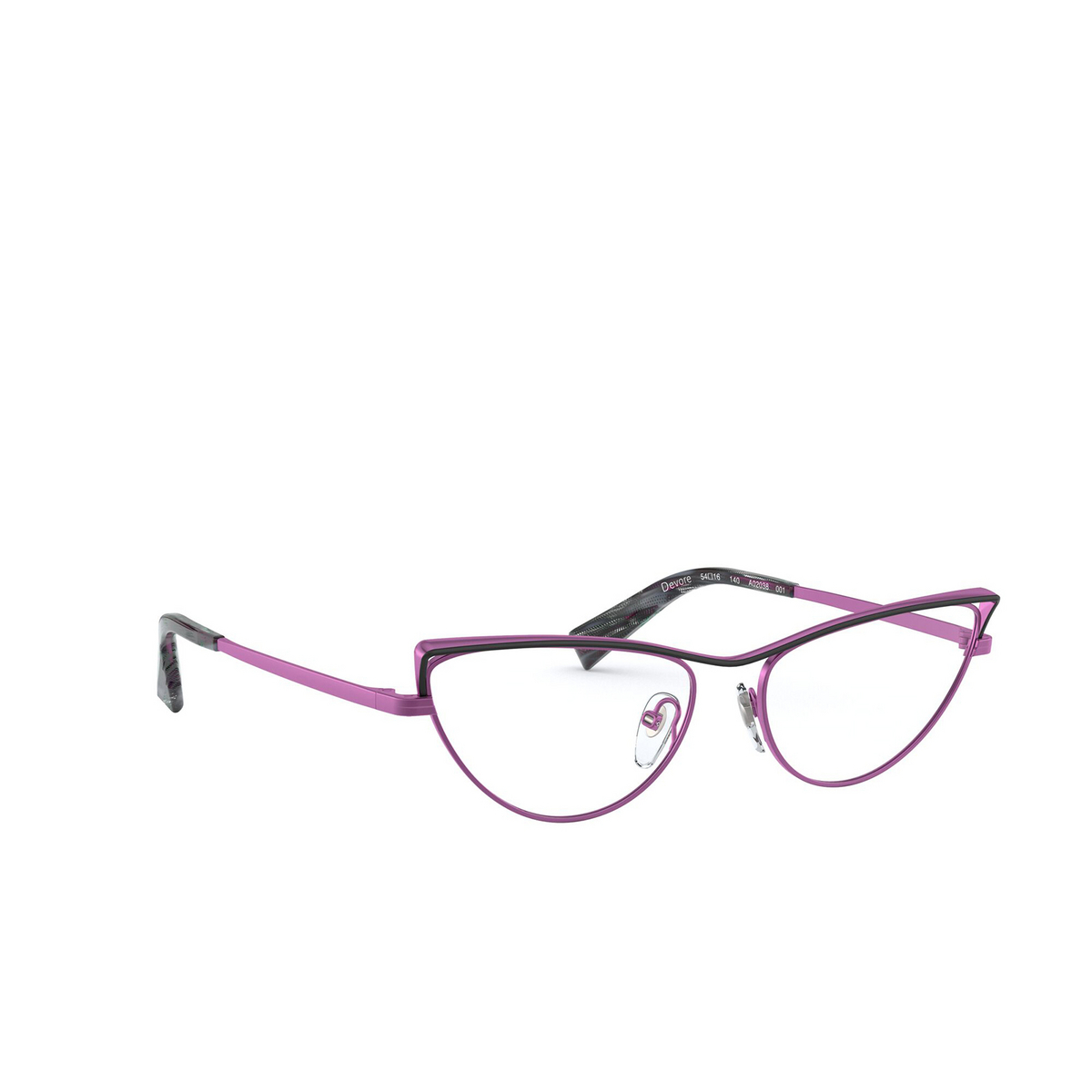 Alain Mikli® Cat-eye Eyeglasses: Devore A02038 color Matte Black / Fuxia 001 - three-quarters view.