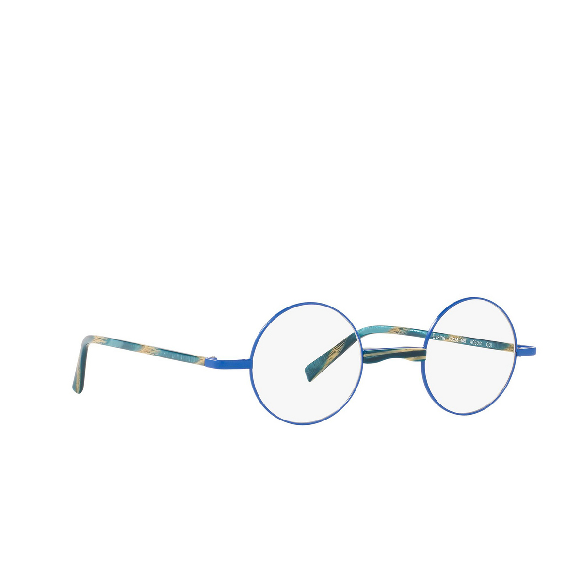 Alain Mikli® Round Eyeglasses: Evaine A02041 color Matte Klein Blue / Met Blue 001 - three-quarters view.