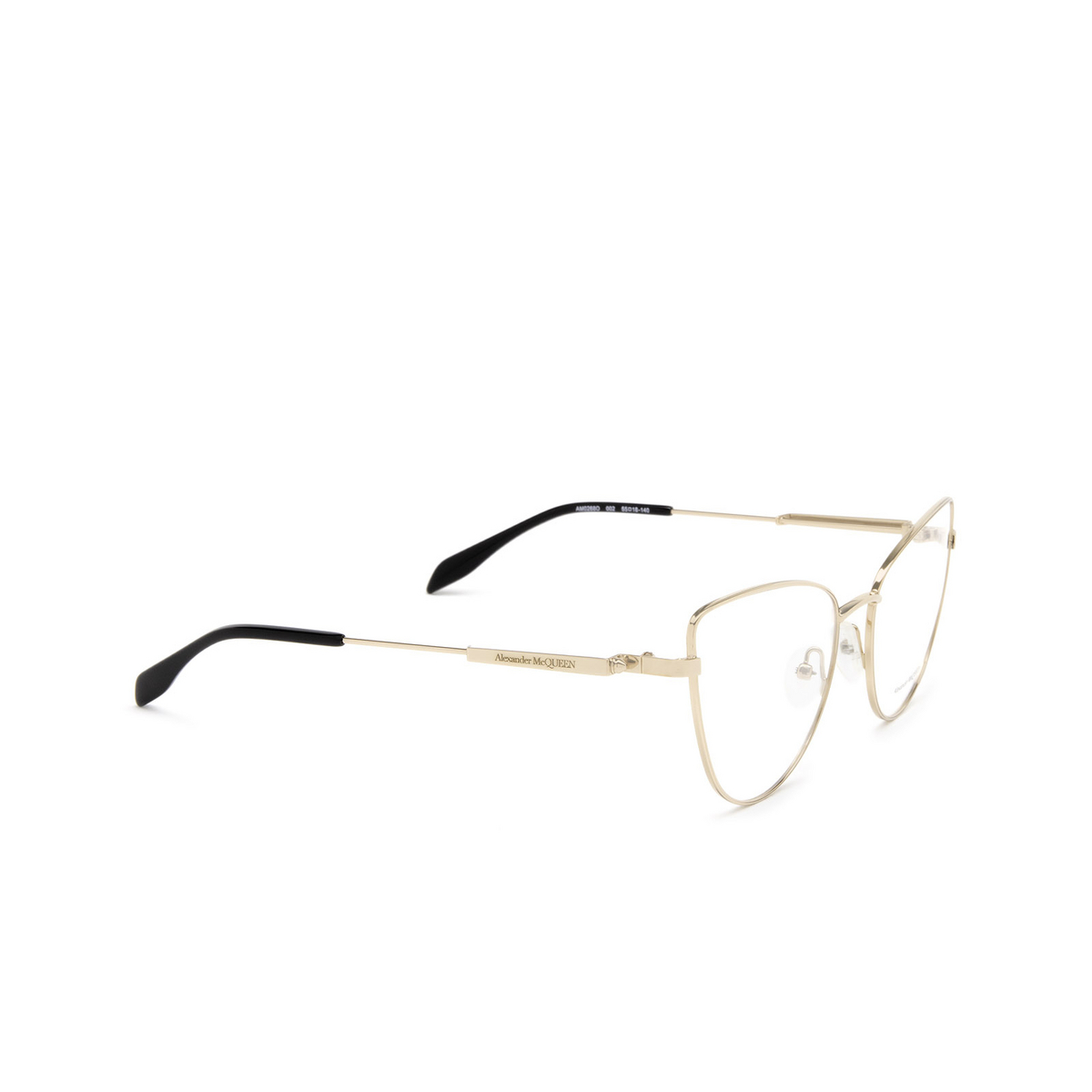 Alexander McQueen® Cat-eye Eyeglasses: AM0268O color 002 Rose Gold - three-quarters view