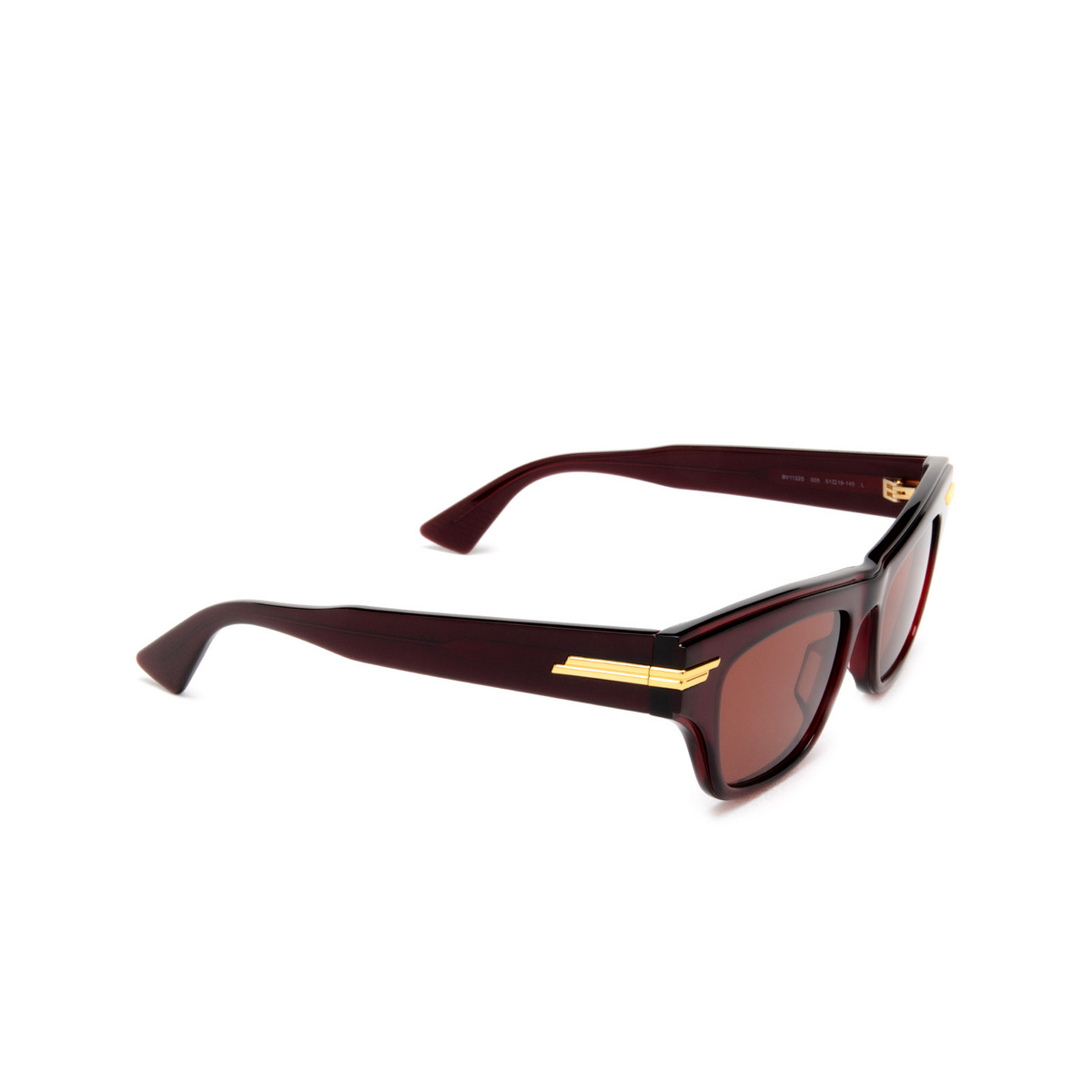 Bottega Veneta® Rectangle Sunglasses: BV1122S color 005 Burgundy - three-quarters view