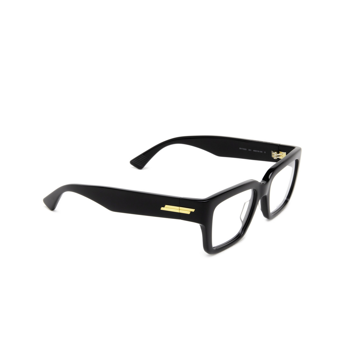 Bottega Veneta® Rectangle Eyeglasses: BV1153O color Black 001 - three-quarters view.