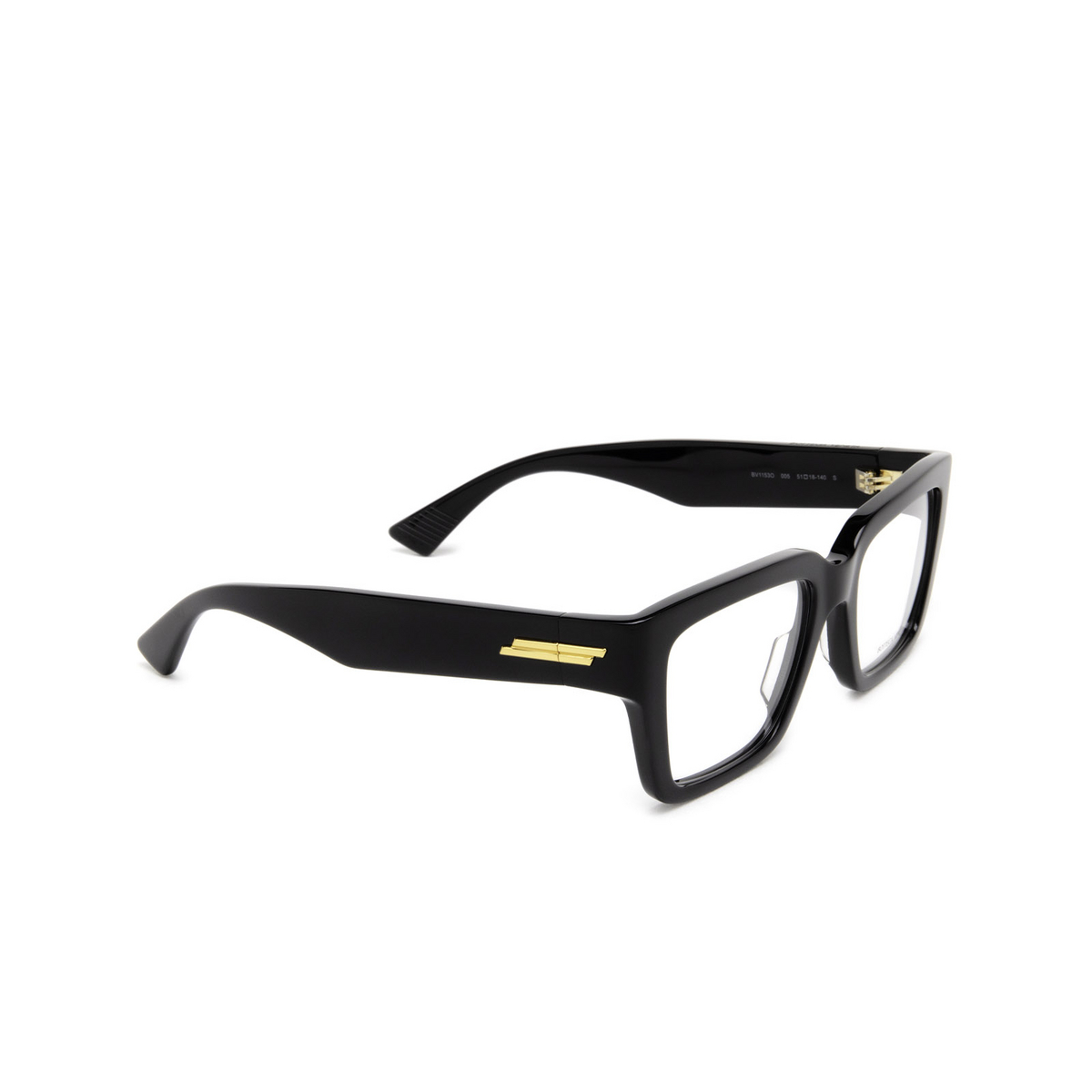 Bottega Veneta® Rectangle Eyeglasses: BV1153O color Black 005 - three-quarters view.