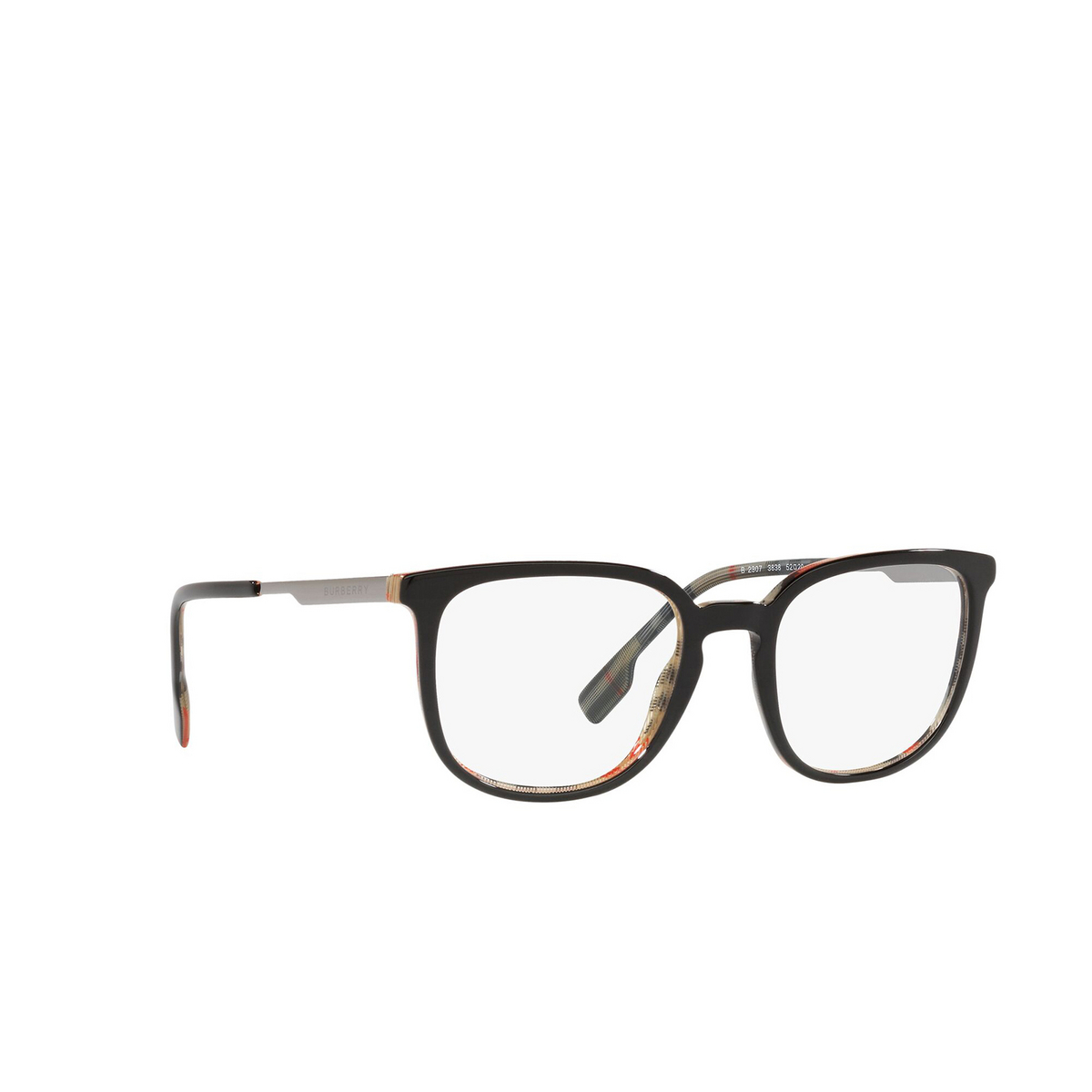 Burberry COMPTON Eyeglasses 3838 Top Black on Vintage Check - three-quarters view