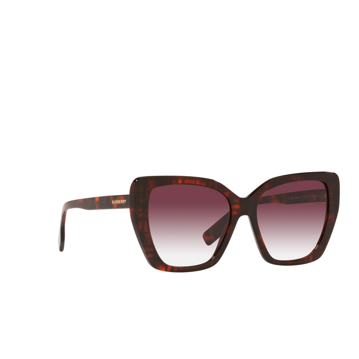 Burberry® Cat-eye Sunglasses: BE4366 Tasmin color 39848H Top Check / Red Havana - three-quarters view