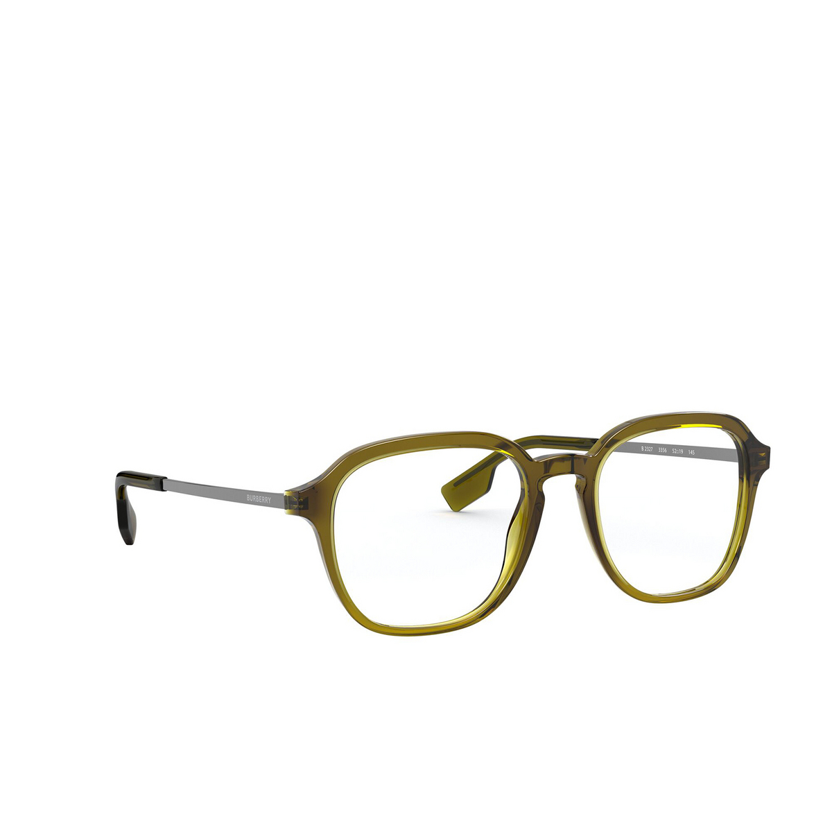 Burberry® Square Eyeglasses: Theodore BE2327 color Transparent Olive 3356 - three-quarters view.