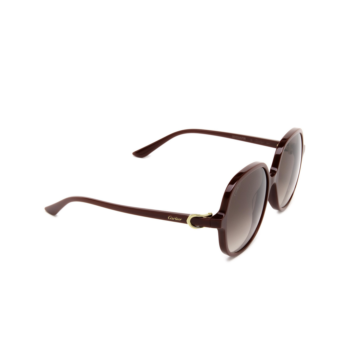 Cartier® Round Sunglasses: CT0350S color Burgundy 003 - three-quarters view.