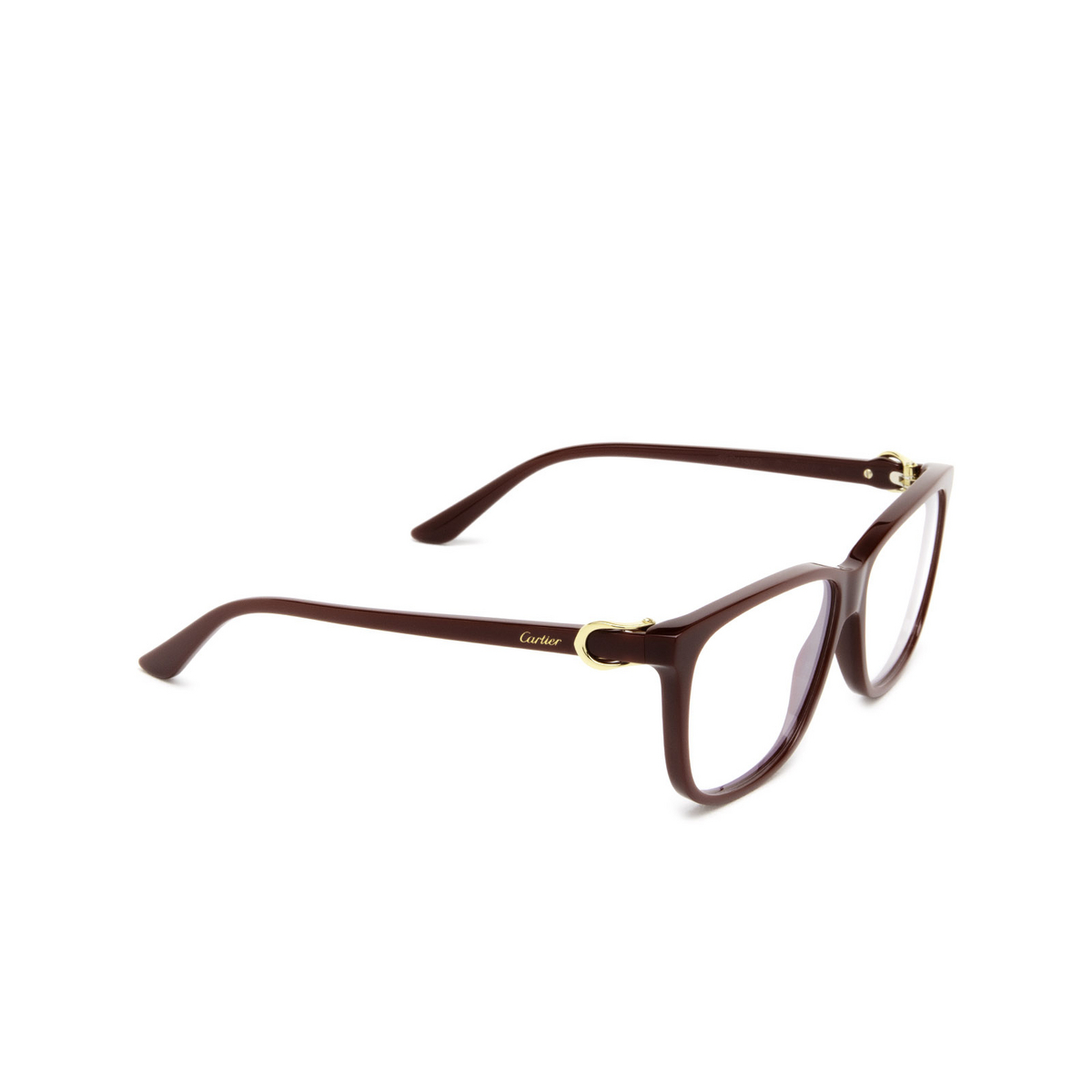 Cartier® Rectangle Eyeglasses: CT0351O color 003 Burgundy - three-quarters view