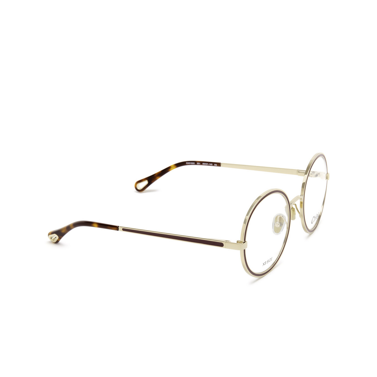 Chloé® Round Eyeglasses: CH0103O color 001 Gold & Burgundy - three-quarters view