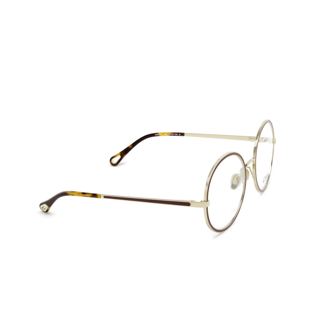 Chloé® Round Eyeglasses: CH0103O color 005 Gold & Burgundy - three-quarters view