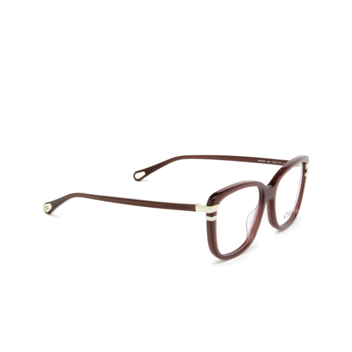 Chloé® Rectangle Eyeglasses: CH0119O color Burgundy 004 - three-quarters view.