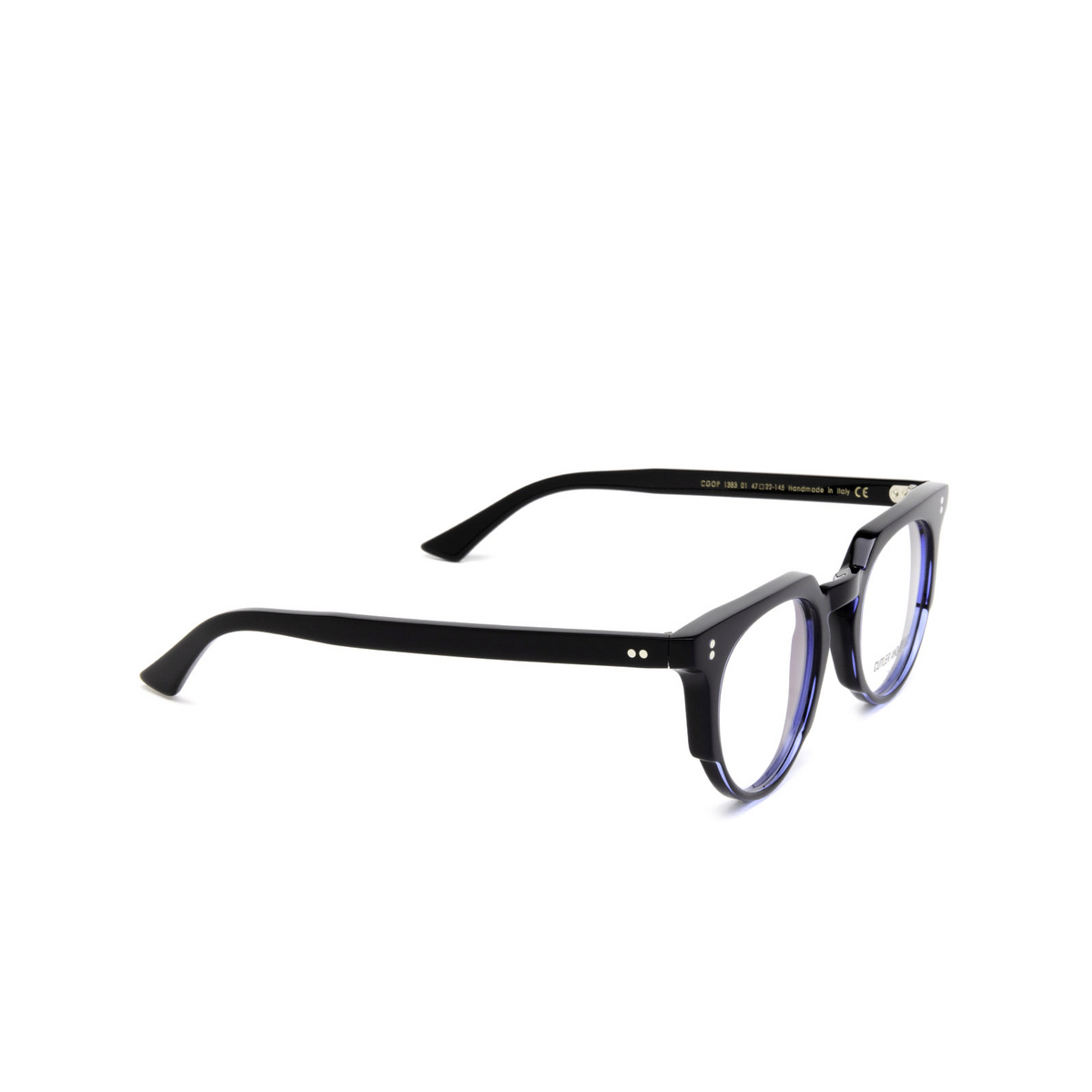 Cutler and Gross® Irregular Eyeglasses: 1383 color Blue On Black 01 - three-quarters view.