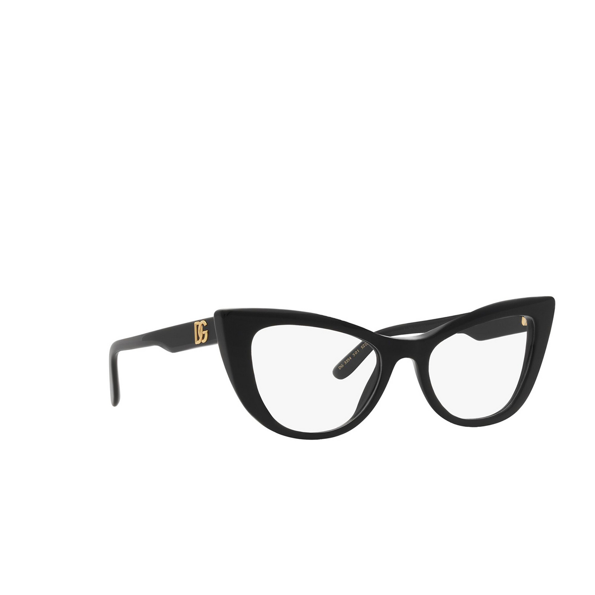 Dolce & Gabbana® Cat-eye Eyeglasses: DG3354 color Black 501 - three-quarters view.