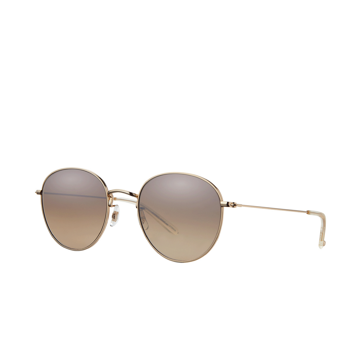 Garrett Leight® Round Sunglasses: Paloma M Sun color Gold-pure Glass/semi-flat Brown Layered Mirror G-pg/sfbrlm - three-quarters view.