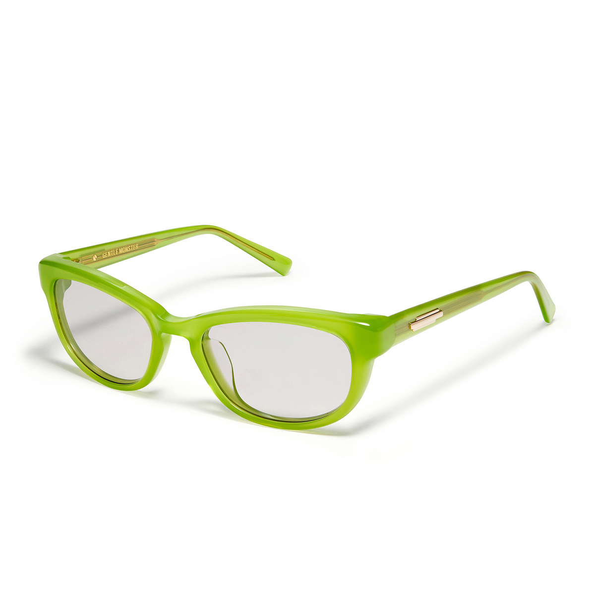 Gentle Monster® Cat-eye Sunglasses: Reny color Green GR3 - three-quarters view.