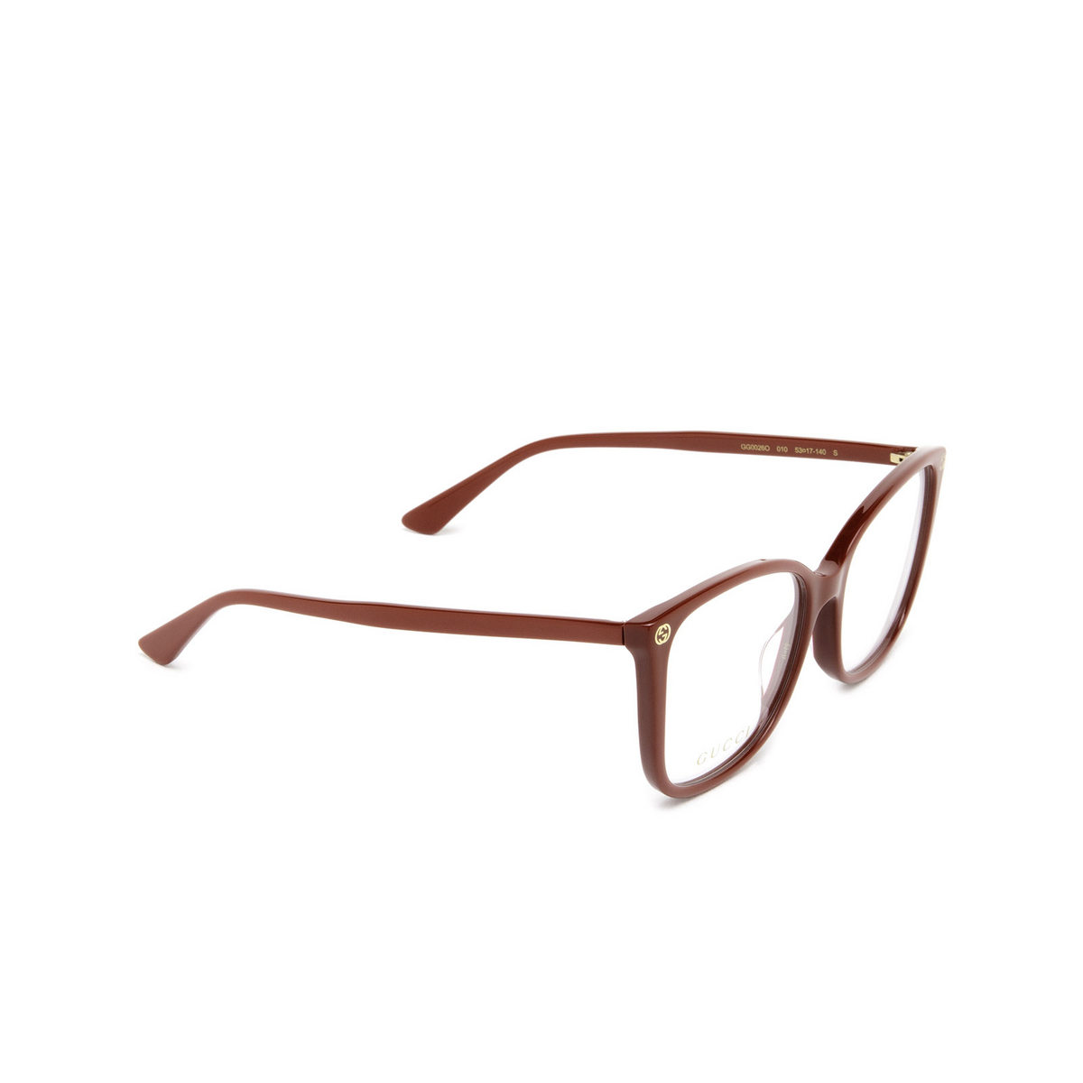 Gucci® Cat-eye Eyeglasses: GG0026O color Red 010 - three-quarters view.