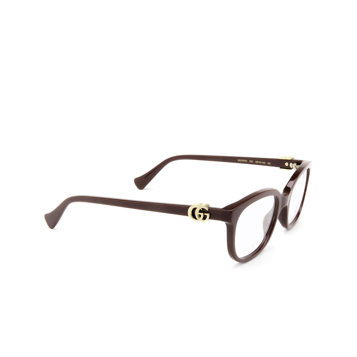 Gucci® Rectangle Eyeglasses: GG1075O color 003 Burgundy - three-quarters view