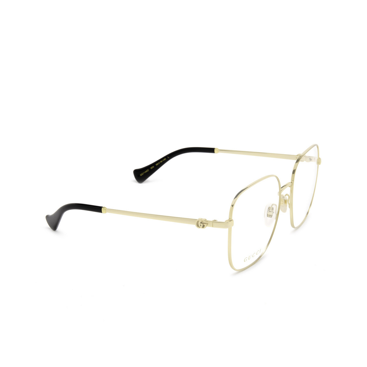 Gucci® Square Eyeglasses: GG1144O color Gold 003 - three-quarters view.