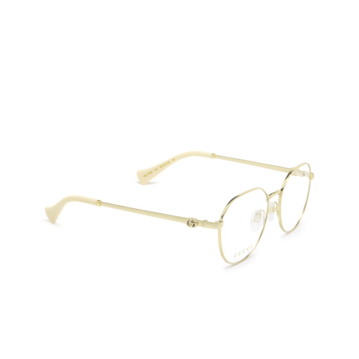 Gucci® Round Eyeglasses: GG1145O color Gold 001 - three-quarters view.