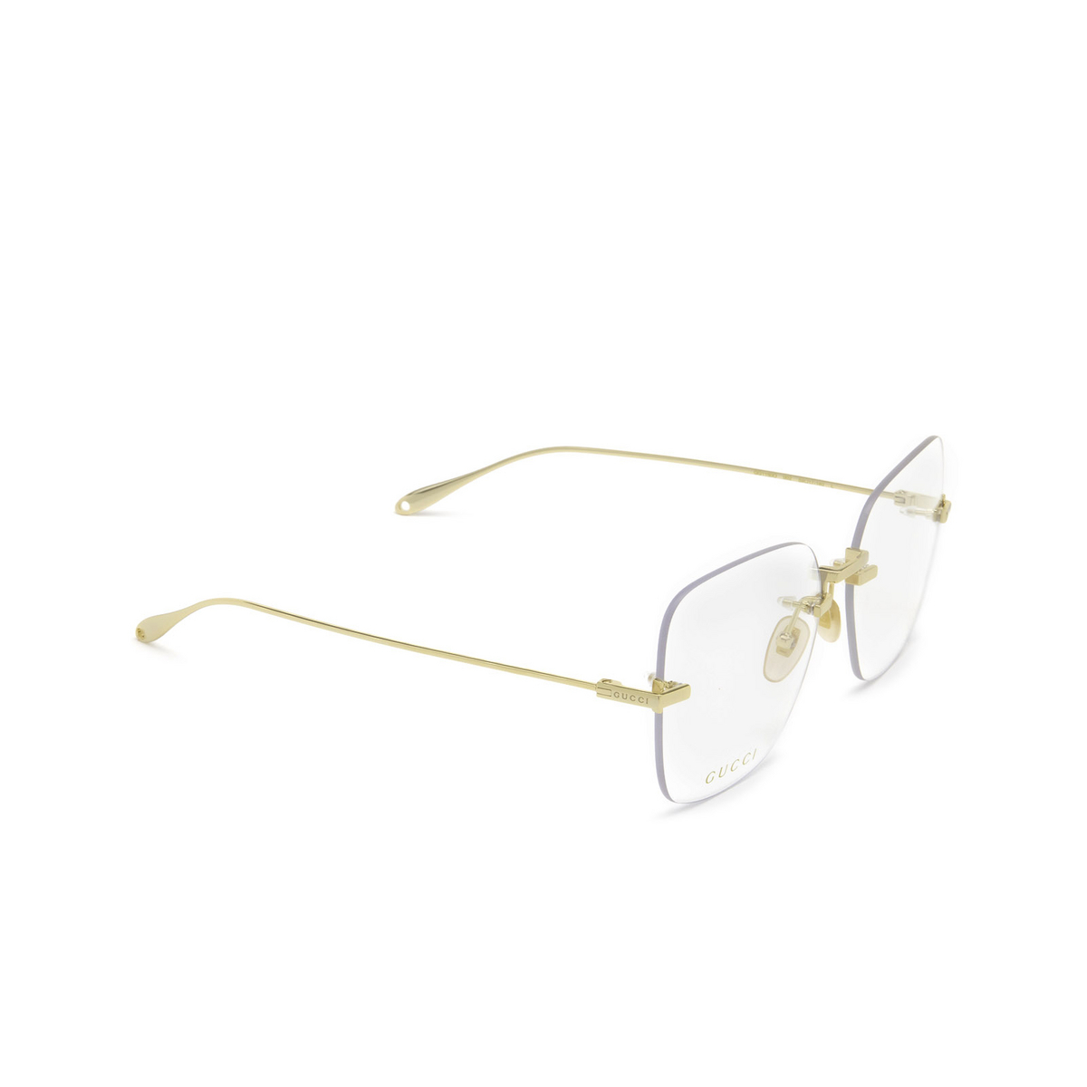 Gucci® Square Eyeglasses: GG1150O color 002 Gold - three-quarters view