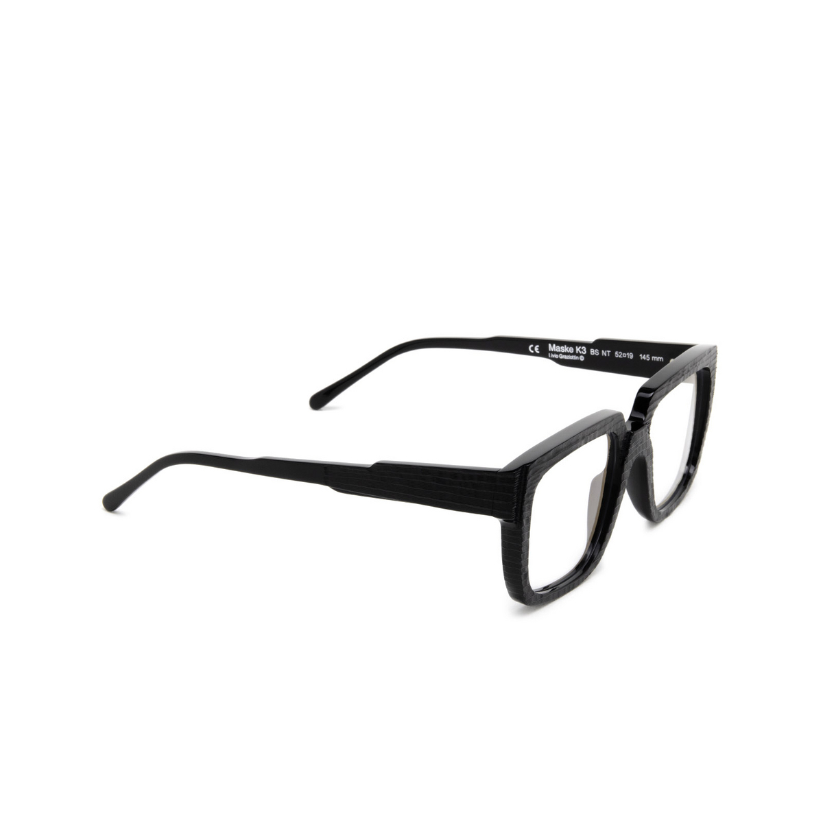 Kuboraum® Square Eyeglasses: K3 color Black Shine & Handcraft Finishing Bs Nt - three-quarters view.