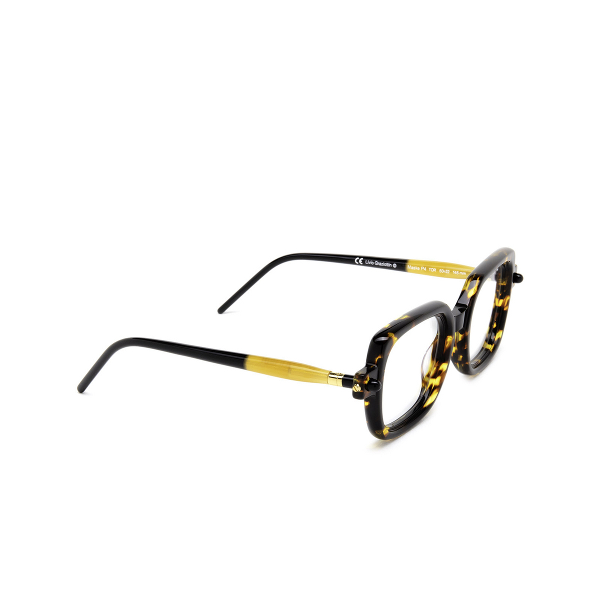 Kuboraum® Rectangle Eyeglasses: P4 color Tortoise & Caramel Black Shine Tor - three-quarters view.