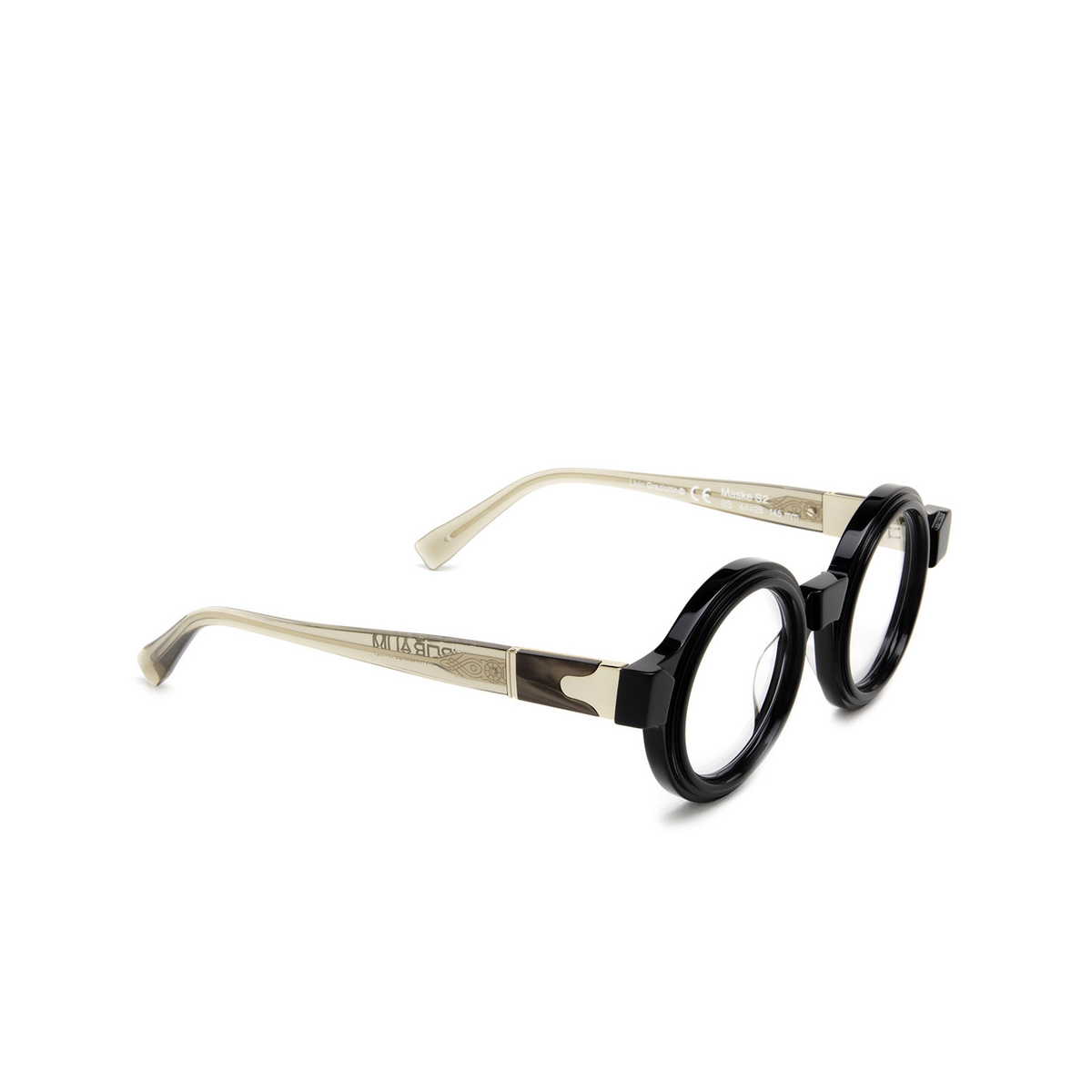 Kuboraum® Round Eyeglasses: S2 color Black Shine & Transparent Brown Bs - three-quarters view.