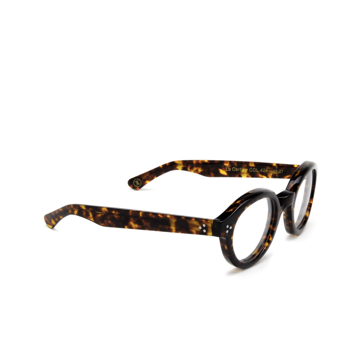 Lesca® Round Eyeglasses: La Corbs Optic color Dark Tortoise 424 - three-quarters view.