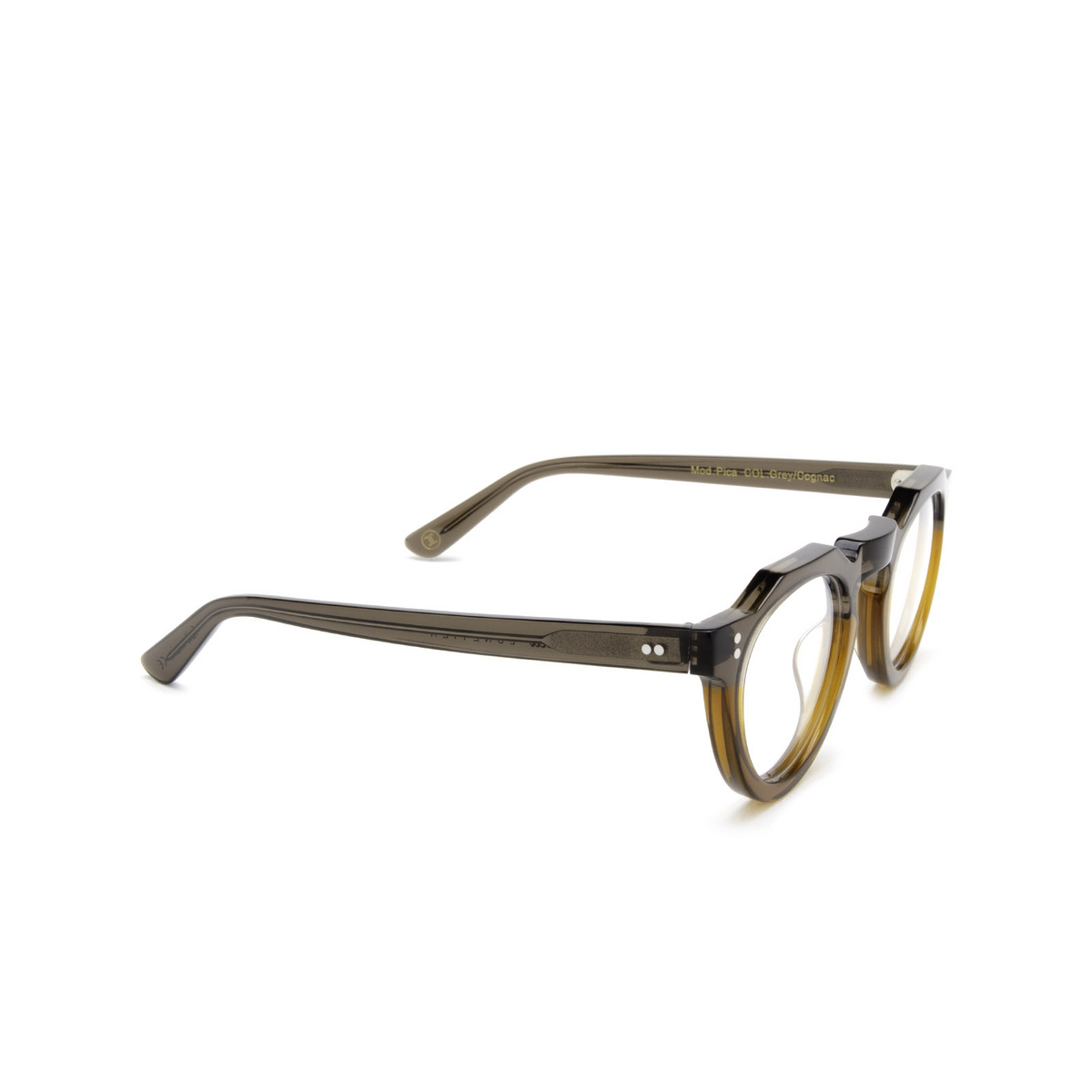 Lesca® Irregular Eyeglasses: Pica color Grey / Cognac - three-quarters view.