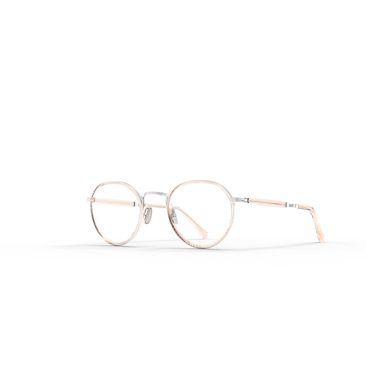 Mr. Leight® Round Eyeglasses: Billie C color Lomita-matte Platinum Lom-mplt - three-quarters view.