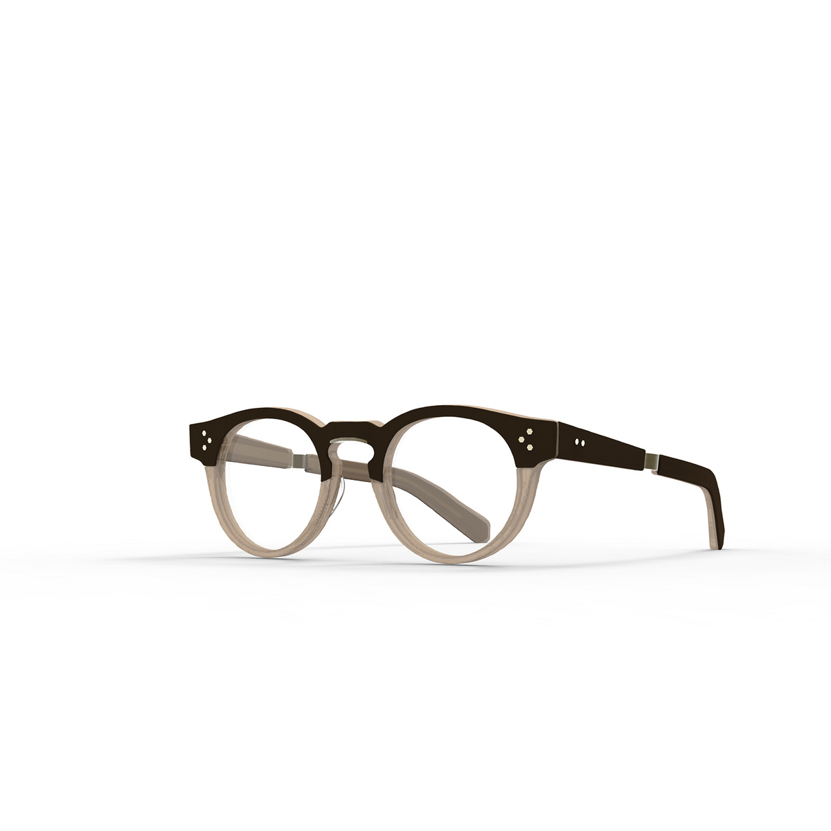 Mr. Leight® Round Eyeglasses: Kennedy C color Black Tar-antique Gold Bktr-atg - three-quarters view.