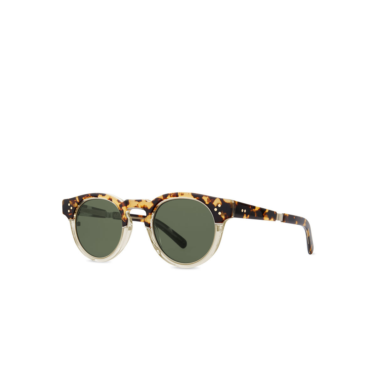 Mr. Leight® Round Sunglasses: Kennedy S color Bohemian Tortoise-12k Matte White Gold/green BOTO-12KMWG/GRN - three-quarters view.