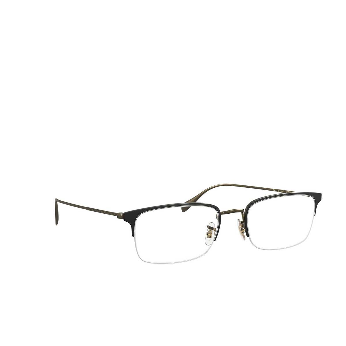 Oliver Peoples® Rectangle Eyeglasses: Codner OV1273 color Matte Black / Antique Gold 5302 - three-quarters view.