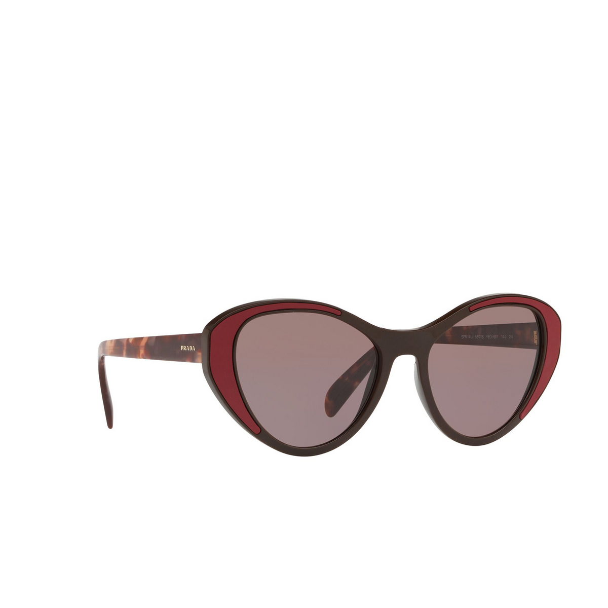 Prada® Cat-eye Sunglasses: Catwalk PR 14US color Brown YEO6X1 - three-quarters view.