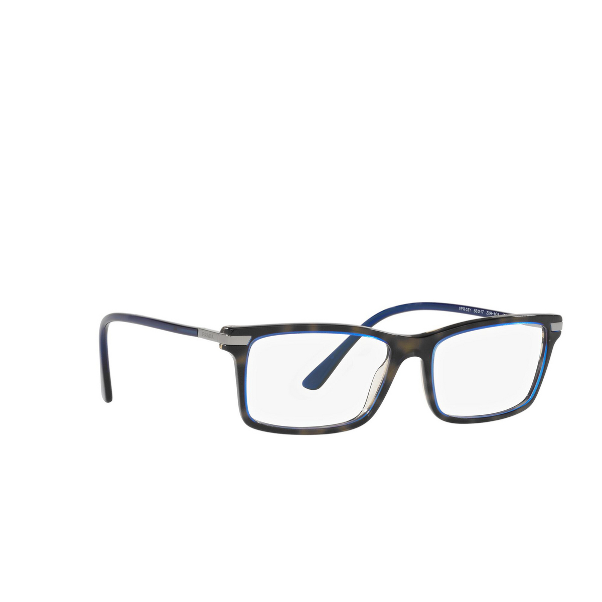 Prada® Rectangle Eyeglasses: PR 03YV color Denim Tortoise ZXH1O1 - three-quarters view.