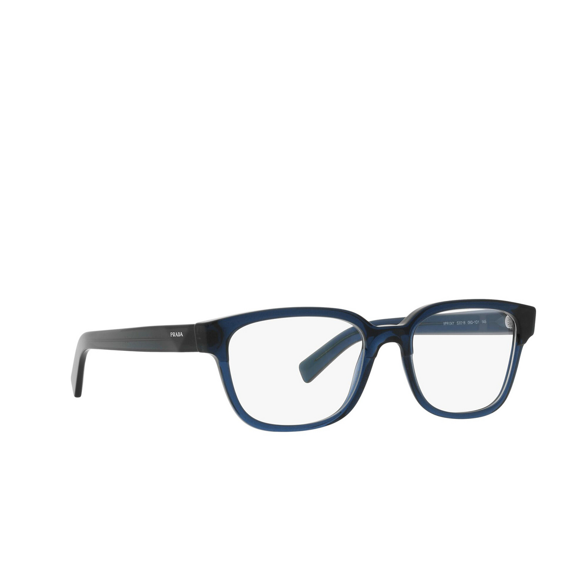 Prada® Rectangle Eyeglasses: PR 04YV color Transparent Blue 08Q1O1 - three-quarters view.